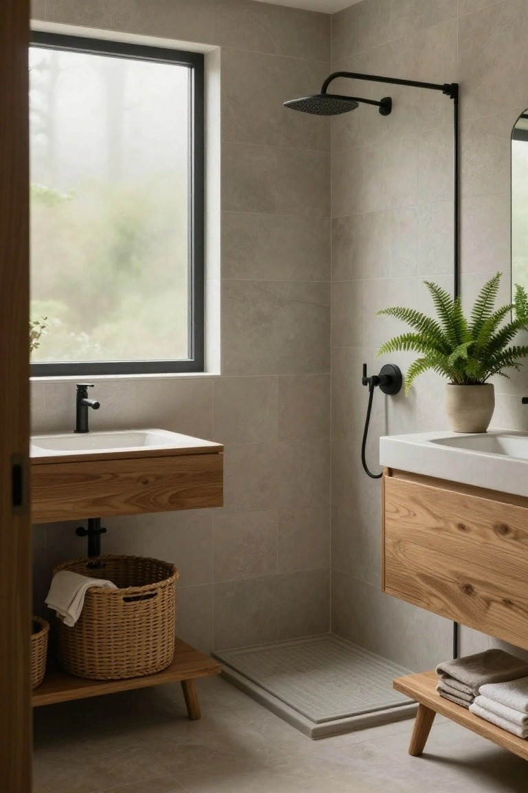 Minimalist bathroom with light gray tiles, floating wooden sink vanity and cabinets, black metal fixtures and shower arm, potted fern plant, woven baskets with towels on wooden stools, and large black-framed window with view of misty green outdoors.