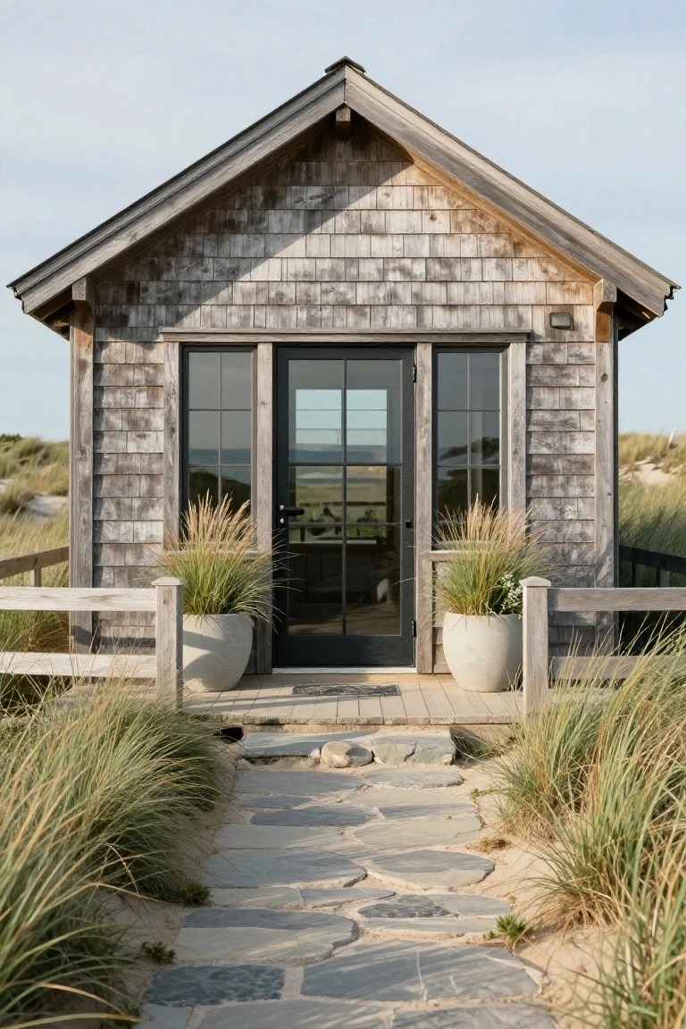 Small wooden house with gray shingled siding and large black-framed glass doors, positioned among sand dunes with potted grasses on either side and a flagstone path leading to the entrance.