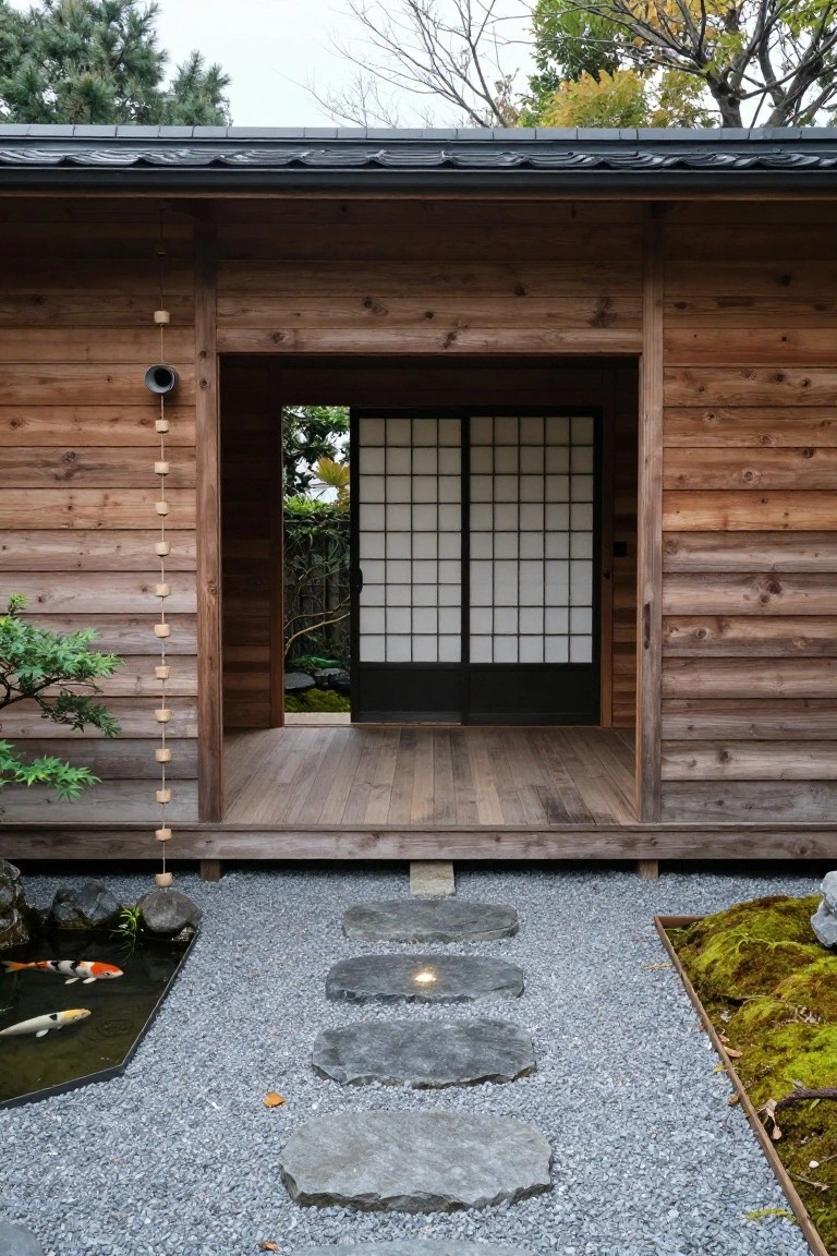 Wooden house exterior with shoji screens on an open deck, approached by irregular stepping stones across gravel garden featuring a koi pond, moss bed, and bonsai tree.