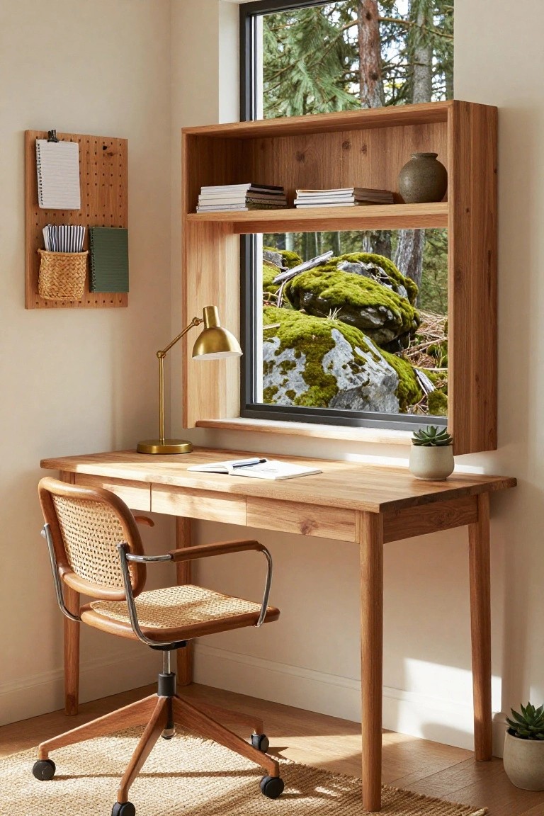 Wooden desk with rattan chair and lamp in a light room, built-in oak shelves around a large window showing mossy rocks and trees outside.