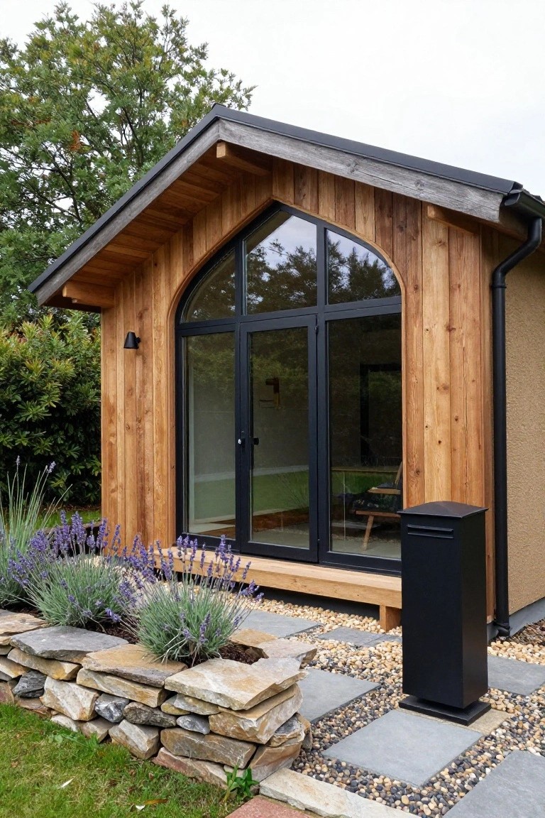 Wooden cabin exterior with tall arched black-framed glass window above double doors, flanked by garden plants and stone wall.