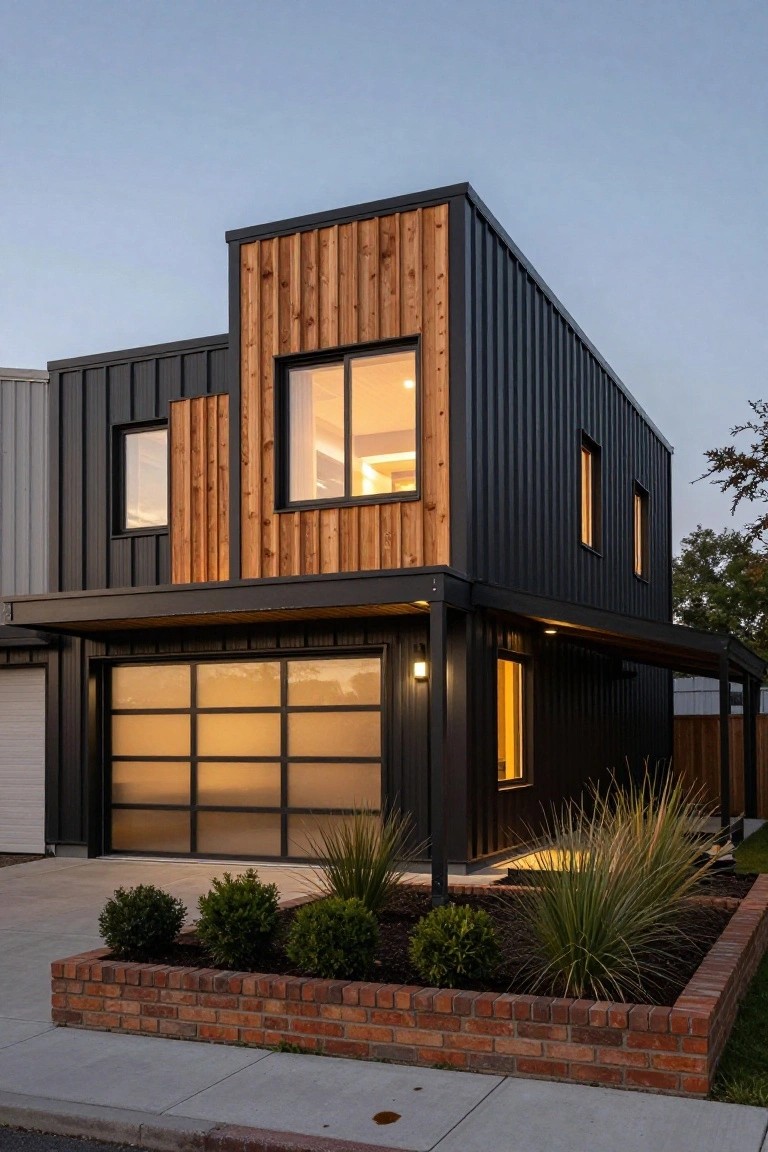 Corner view of a modern two-story house with black corrugated metal siding, vertical wood cladding accents on edges and windows, frosted glass garage door, and brick-edged landscaping with shrubs and grasses.