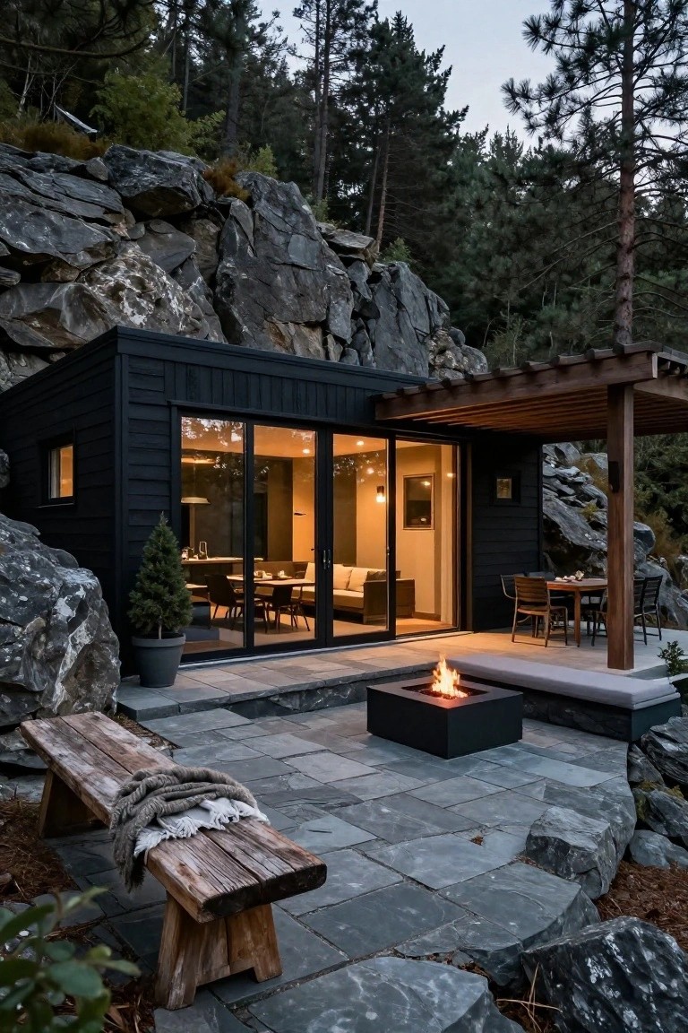 Small black wooden cabin perched on and integrated with large rocks on a forested hillside, with large glass sliding doors opening to a covered deck, slate patio with linear gas fire pit, wooden bench, and outdoor dining table.