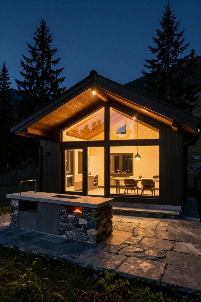 Modern black wooden cabin exterior at dusk with steep pitched roof, large central triangular glass window and side glass doors revealing warmly lit interior kitchen and dining area, adjacent stone outdoor kitchen counter with built-in fireplace, slate patio, pine trees and mountains in background.