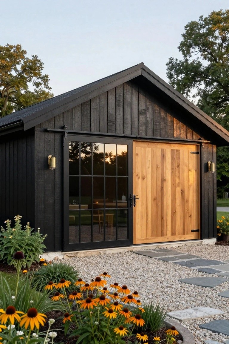 Black charred vertical wood siding on a gable-roofed shed with large sliding barn door of natural wood planks and glass panels, brass wall lights, gravel path with stone steps, and orange black-eyed Susan flowers in front.