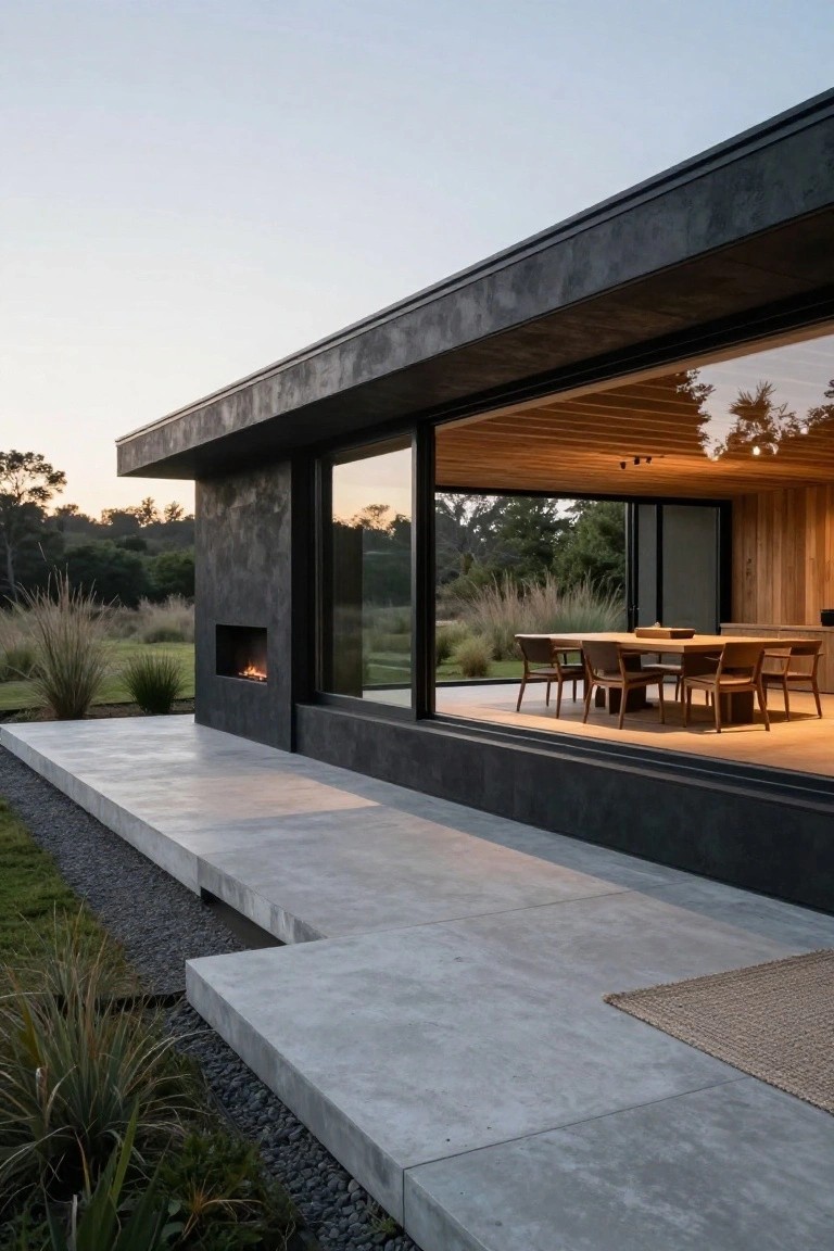 Side exterior view of a modern black textured wall house with large sliding glass doors open to a wooden dining area containing a table, chairs, and built-in fireplace, adjacent concrete terrace, pebble ground cover, and tall grasses in the landscape.