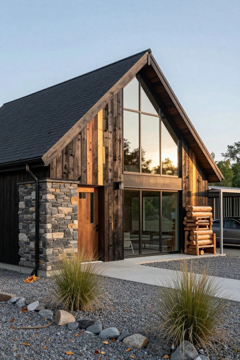 Gabled modern cabin exterior with dark vertical wood siding, large triangular glass window and sliding doors, stone pillar with downspout next to wooden entry door, firewood stack, carport nearby, gravel yard with ornamental grasses and rocks.