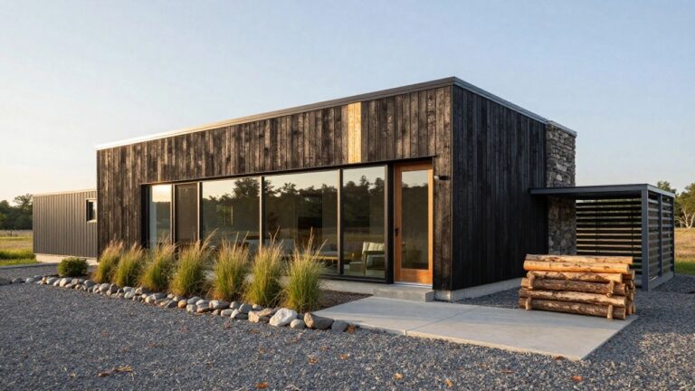 18 Striking Modern Cabin Architecture Ideas for a Refined Retreat Feel Gabled modern cabin exterior with dark vertical wood siding, large triangular glass window and sliding doors, stone pillar with downspout next to wooden entry door, firewood stack, carport nearby, gravel yard with ornamental grasses and rocks.