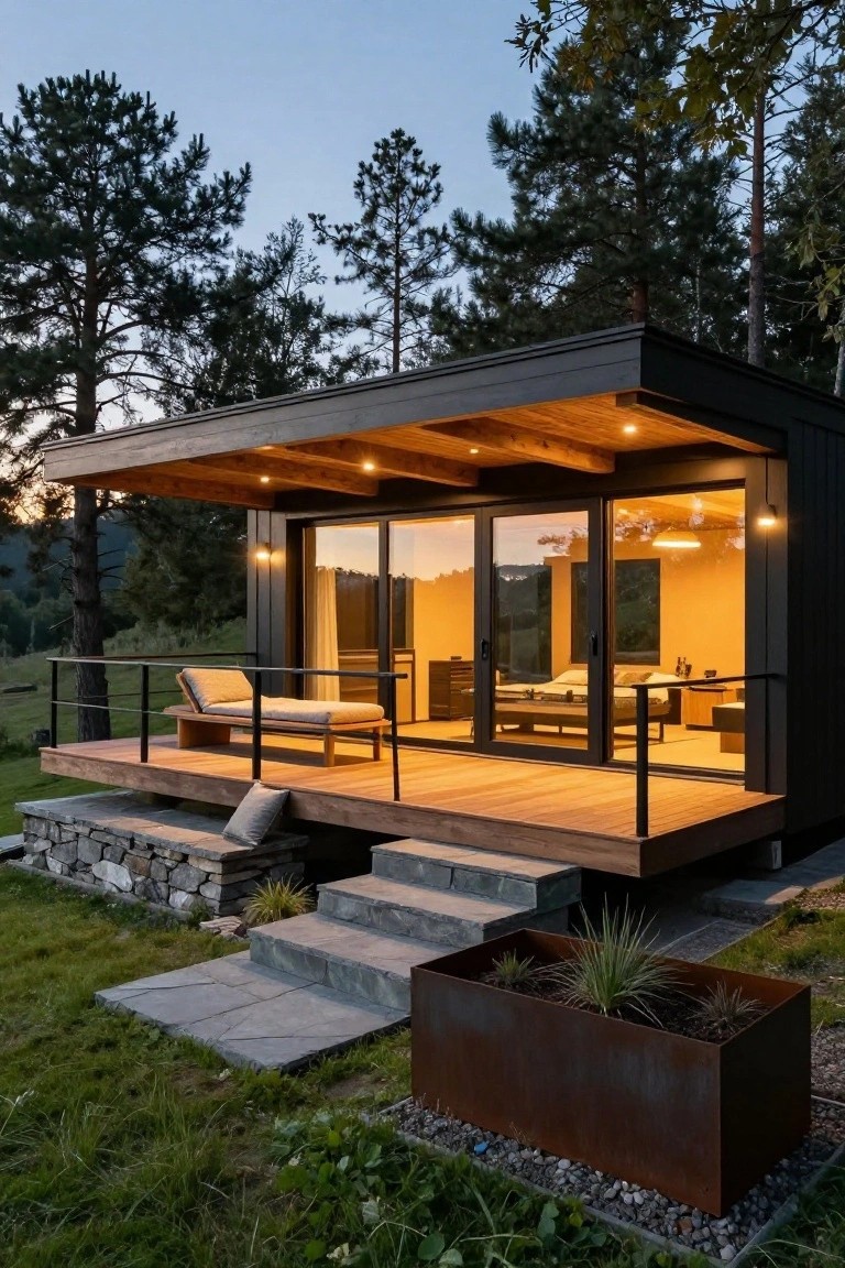 Modern black cabin elevated on a wooden deck with sliding glass doors, lounge chair, stone steps, corten steel planter, and surrounding pine trees and grass on a slope at dusk.