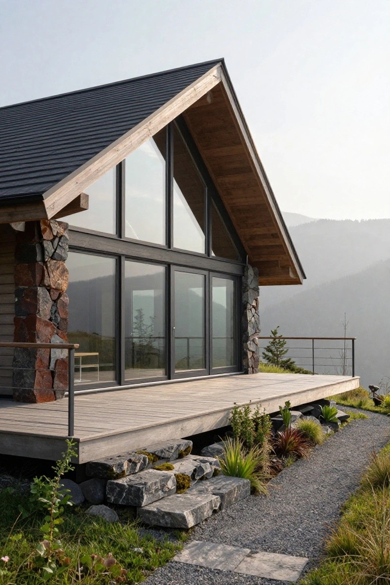 Modern cabin exterior featuring a steep black metal roof, large triangular black-framed glass windows, red-toned stone base walls, wooden deck with railing, and surrounding gravel path and plants against a misty mountain backdrop.