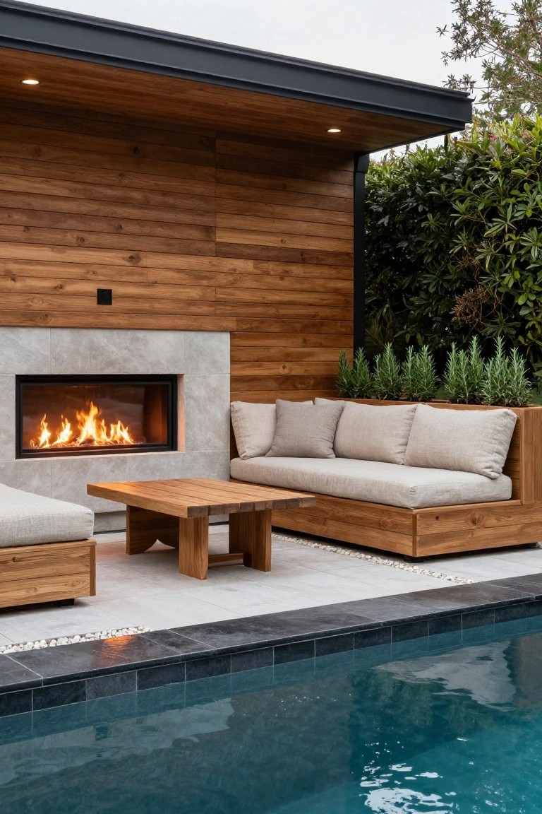 Outdoor lounge area with a linear gas fireplace built into a light gray stone wall backed by horizontal wood planks, built-in wooden benches with beige cushions, wooden coffee table, potted rosemary plants, and edge of a blue swimming pool with black tile coping.
