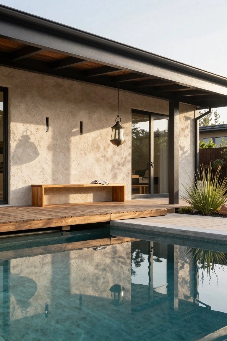 Exterior view of a modern house with beige textured walls, black metal framing, a wooden deck platform with built-in bench adjacent to a turquoise pool, agave plants nearby, and a hanging lantern light.