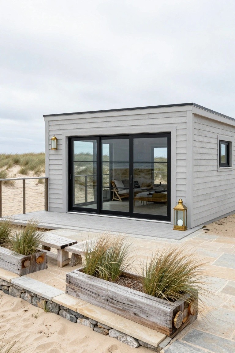 Gray shiplap-sided modern cabin on a deck with black sliding glass doors, flanked by wooden planters with dune grass, gold lanterns, and sand dunes in the background.