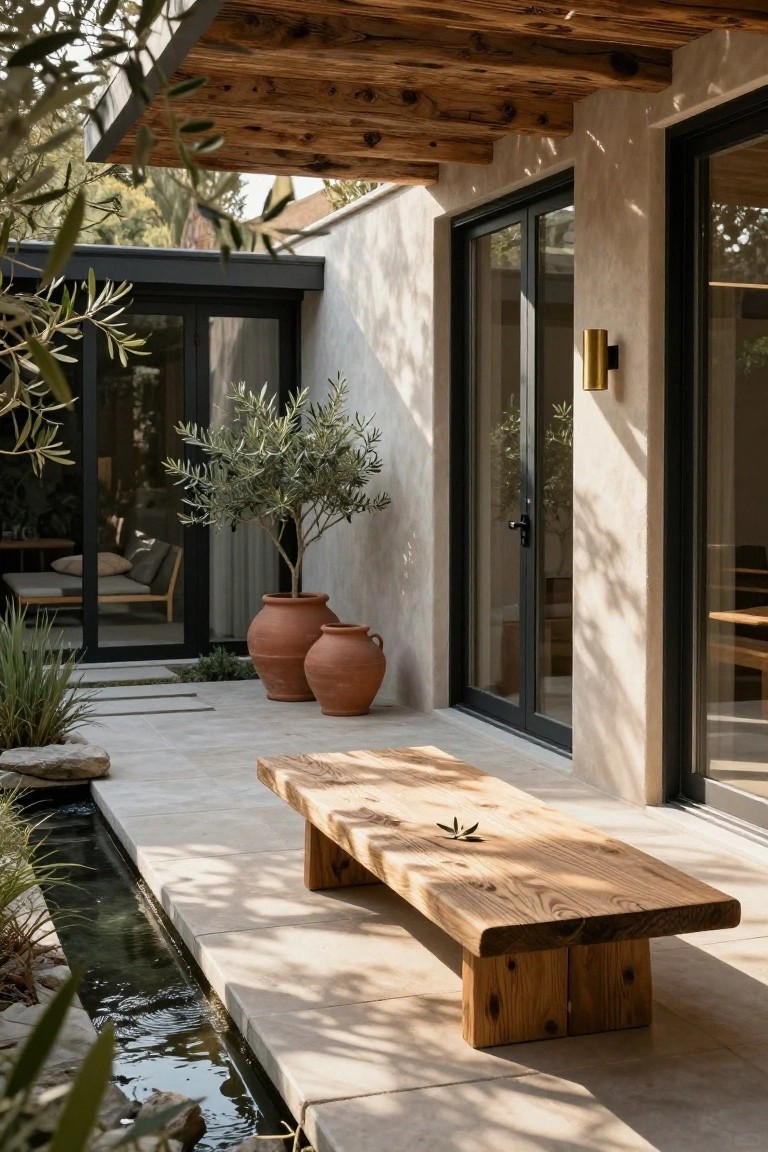 Outdoor patio featuring a long low wooden bench beside a narrow linear water channel, with terracotta pots holding olive trees, stone pavers, and sliding glass doors set in beige walls under a wooden beamed ceiling.