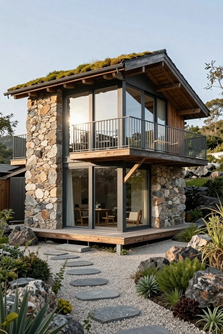 A compact two-story cabin with irregular stone walls on the base, wooden upper framing, large glass windows and doors, a balcony, and a sloped green sedum roof, surrounded by large boulders, gravel path, and native plants.