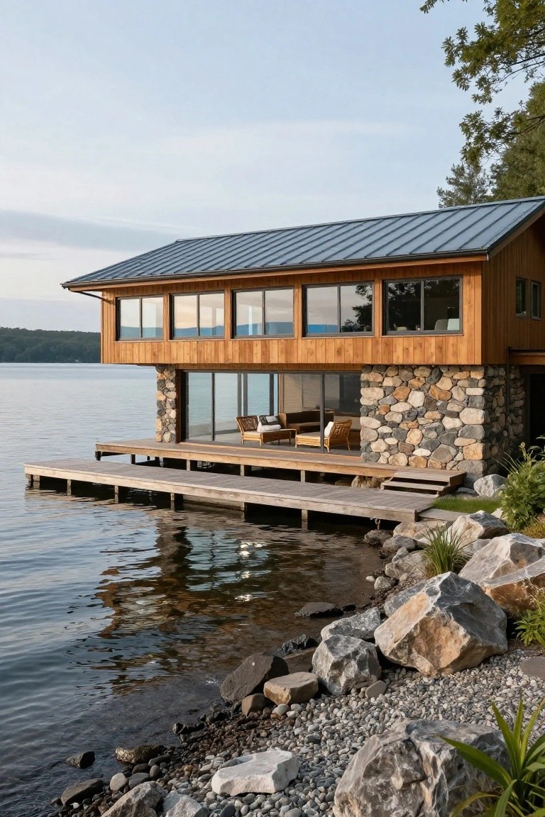 Wooden cabin with metal roof, large windows, and stone base overhanging a lake, connected to a wooden dock amid rocks and shoreline plants.