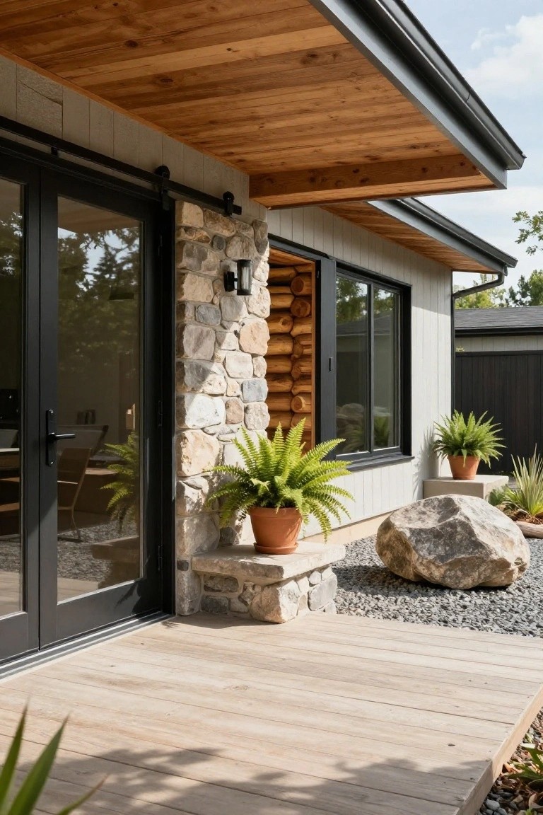 Side exterior of a modern cabin featuring a stacked stone pillar with wood log accents next to black sliding glass doors, potted ferns, a large boulder on gravel, and a wooden deck.