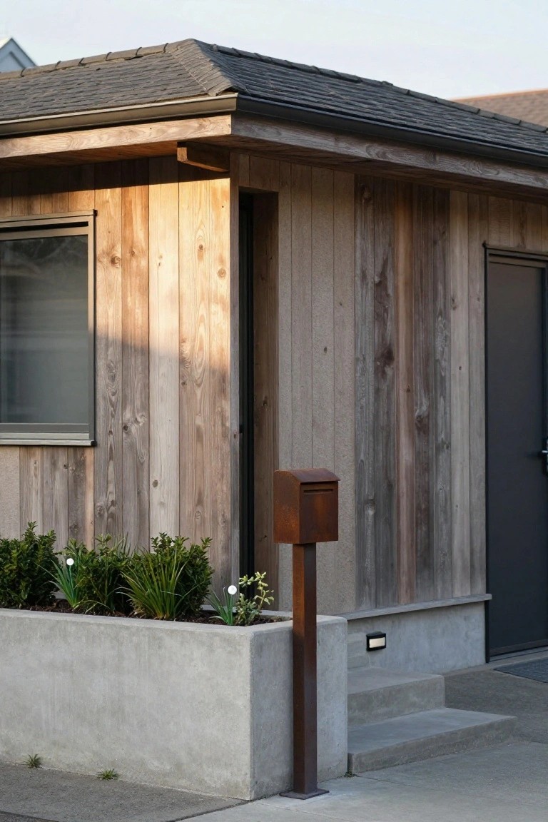 Exterior corner of a small modern cabin with vertical light gray weathered wood siding, a window, black door, concrete planter box filled with greenery, tall rusted metal mailbox post on a pedestal, and concrete steps leading to the entry.