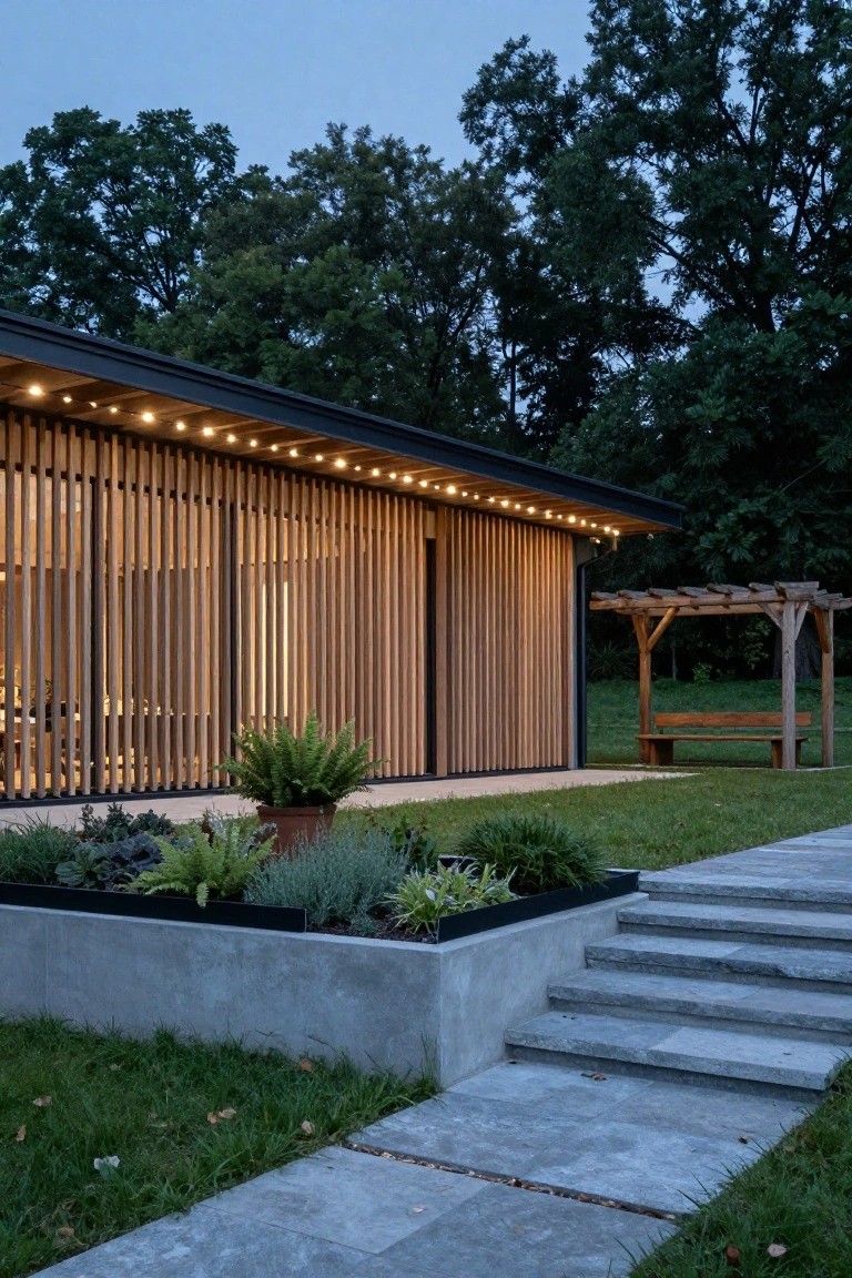 Evening photo of a modern cabin's exterior with vertical wooden slats over glass walls, warm string lights under the black roof eaves, a wooden pergola and bench to the side, raised garden bed with plants, concrete retaining wall, stone steps, and paved path amid grass and trees.