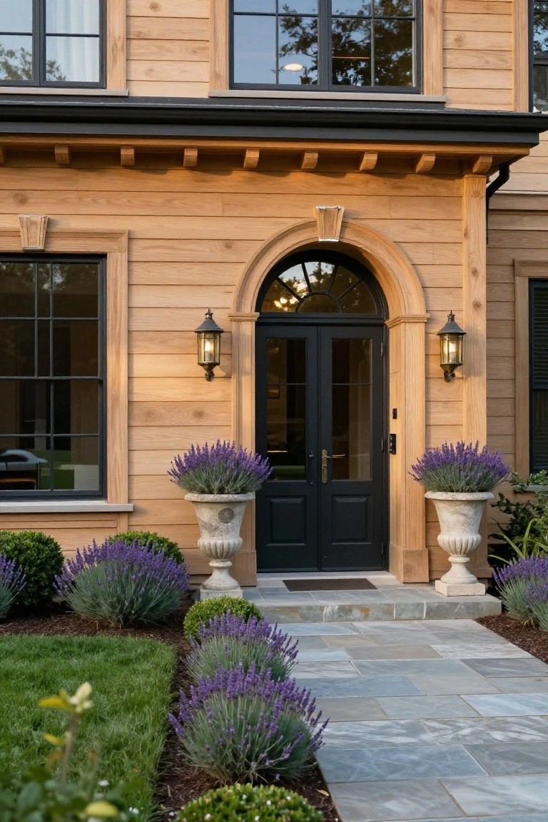 Front view of a two-story house exterior featuring light horizontal wood siding, black-framed windows, a centered arched wooden entryway with double black doors, flanked by large stone urns filled with lavender plants, boxwood shrubs, and a slate stone pathway bordered by lavender and grass.