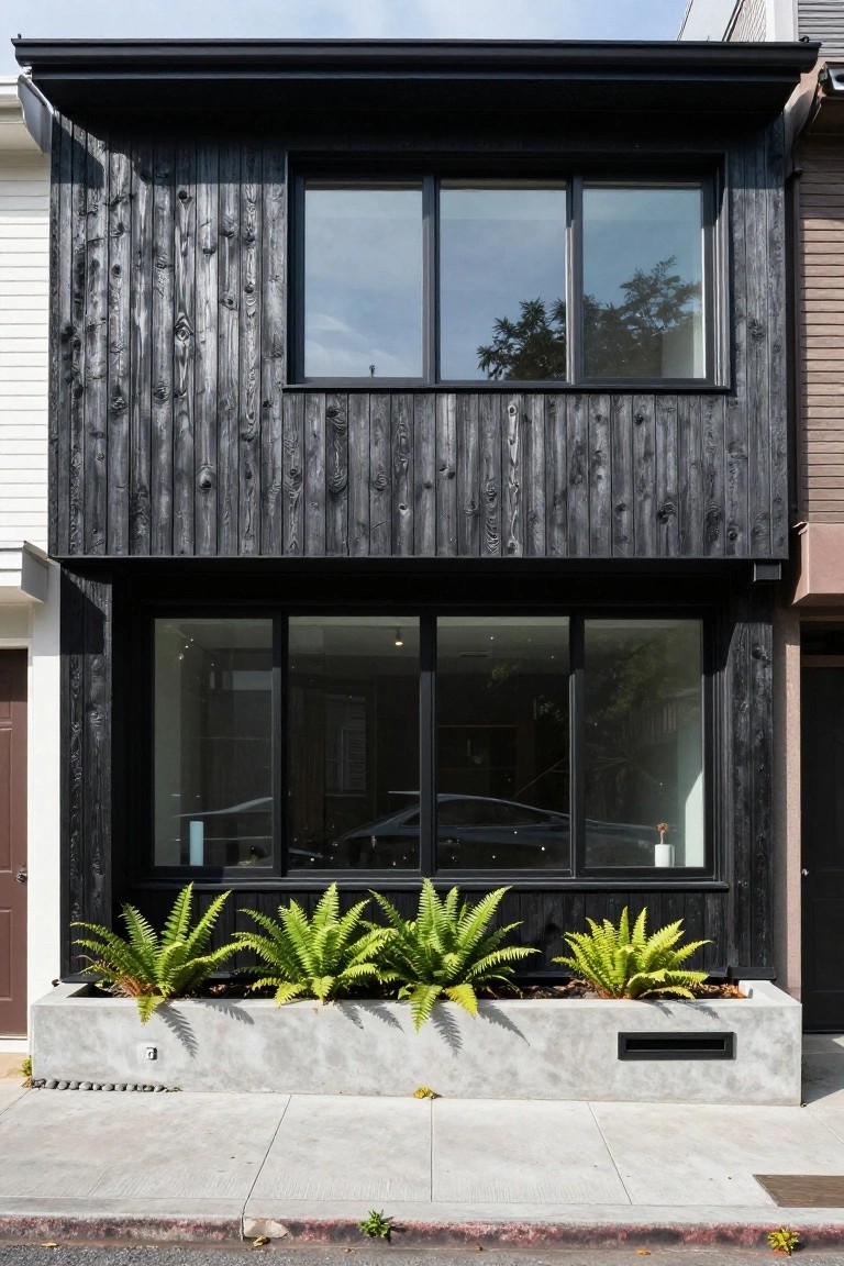 Modern three-story house with vertical black charred wood siding, large black-framed windows including a prominent second-story triple window, a car visible through ground-floor glass, concrete planter with ferns, and adjacent buildings on a city sidewalk.