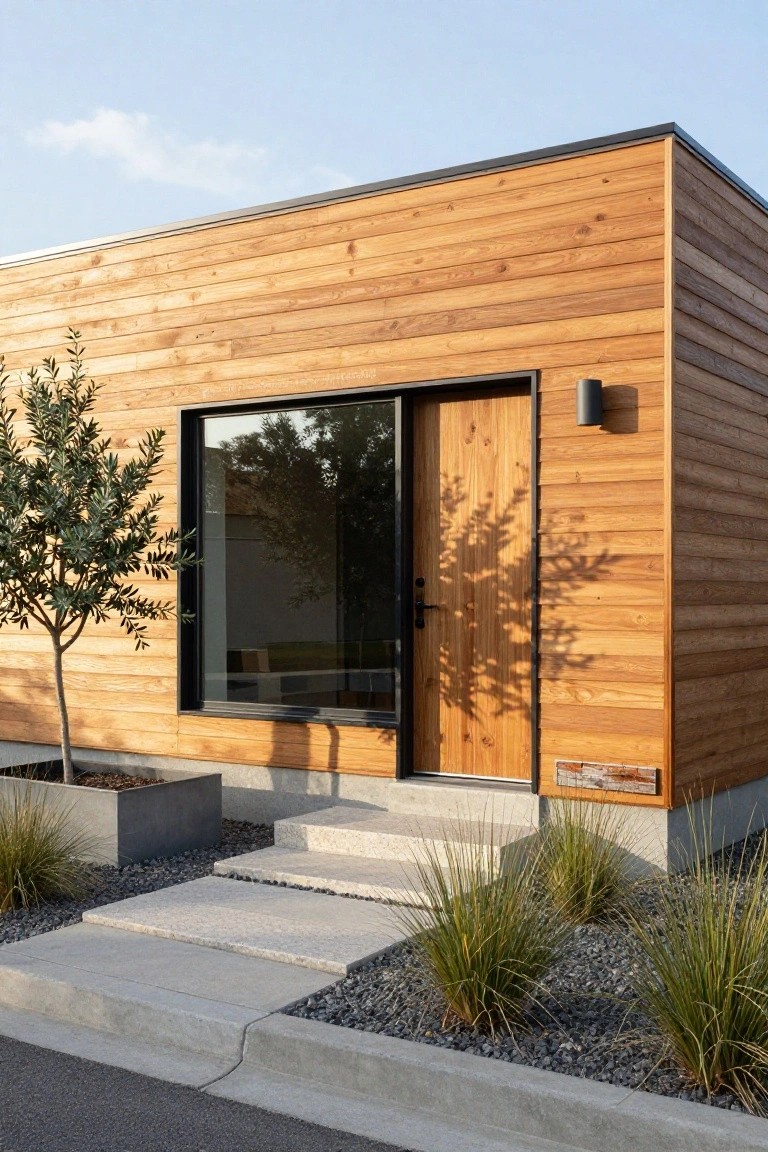 Corner view of a modern wooden house with horizontal cedar siding, black-framed glass door and window, concrete steps leading to the entry, and minimal landscaping including an olive tree, grasses, and gravel.