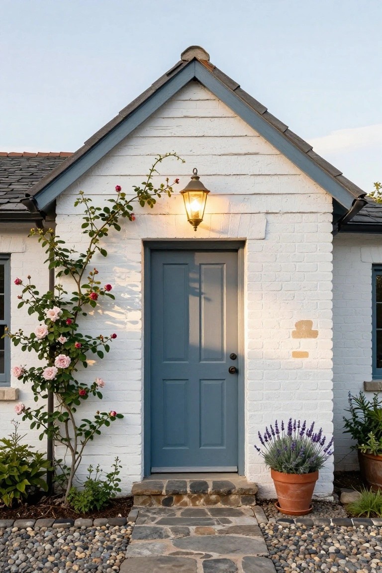 White brick and wood-sided cottage entry with blue paneled door, climbing pink roses on the wall, lit hanging lantern, potted lavender plant, stone steps, and gravel pathway.