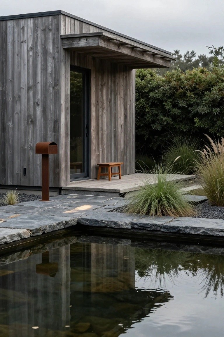 Small modern cabin with gray vertical wood siding, black-framed door and window, covered wooden porch with bench, tall rusty metal mailbox post, stone pathway, ornamental grasses, and adjacent dark reflecting pond surrounded by pebbles.