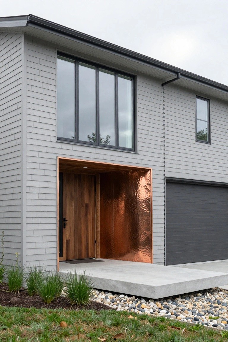 Side exterior view of a two-story house with light gray shingle siding, a recessed wooden front door framed by copper cladding, black-framed windows, a gray garage door, concrete entry platform, and low grasses with pebbles at the base.