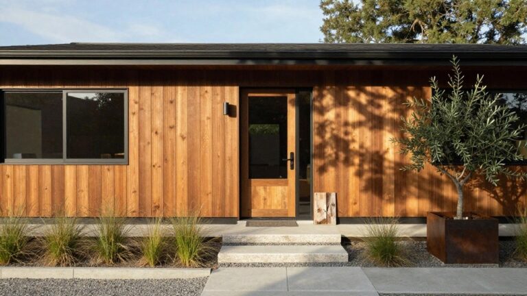 Corner view of a modern wooden house with horizontal cedar siding, black-framed glass door and window, concrete steps leading to the entry, and minimal landscaping including an olive tree, grasses, and gravel.
