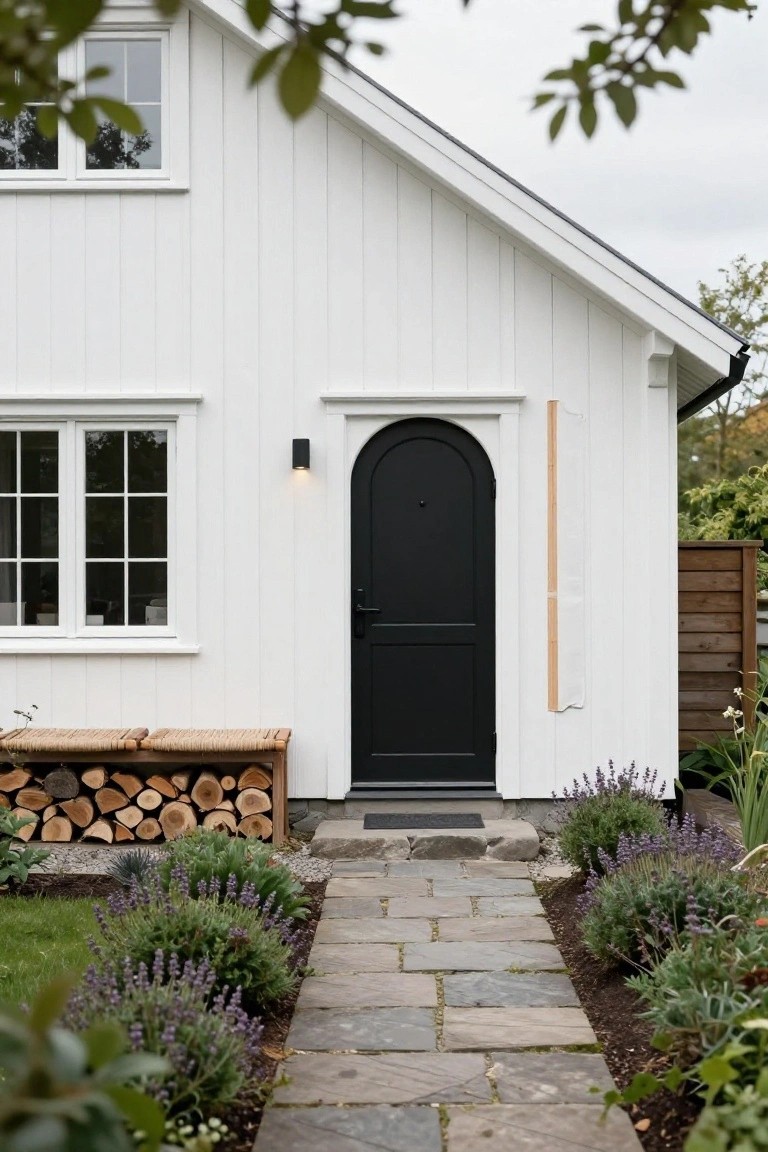 White vertical wood siding on a gabled house exterior featuring a black arched front door, adjacent firewood storage bench with stacked logs, stone pathway bordered by lavender plants, and a wall-mounted light fixture.