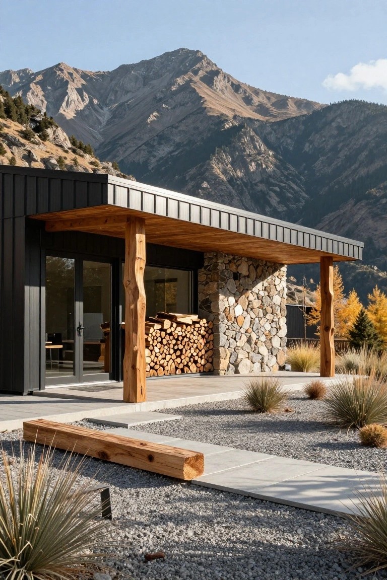 Modern house exterior featuring black vertical siding, a stone wall base, rugged natural-edged wood posts supporting a covered porch, stacked firewood, gravel ground cover with grasses, wooden bench, and rocky mountains in the background.