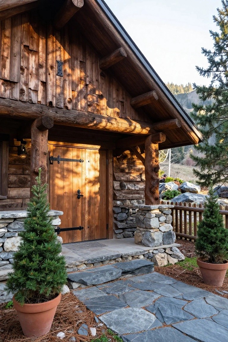 Rustic log cabin exterior with vertical wood siding, exposed log beams, stone foundation, heavy wooden entry door flanked by lanterns and small potted pine trees, stone steps leading to a wooden porch.