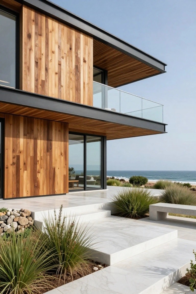 Modern two-story house exterior corner with vertical natural wood siding, black metal frames, large glass walls and balcony, white stone steps, drought-tolerant grasses and rocks, overlooking ocean dunes.