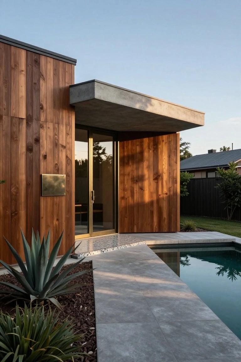 Modern house exterior with vertical dark wood siding on walls, cantilevered concrete overhang above glass entry doors, stone paver pathway, and adjacent swimming pool surrounded by agave plants and gravel mulch.