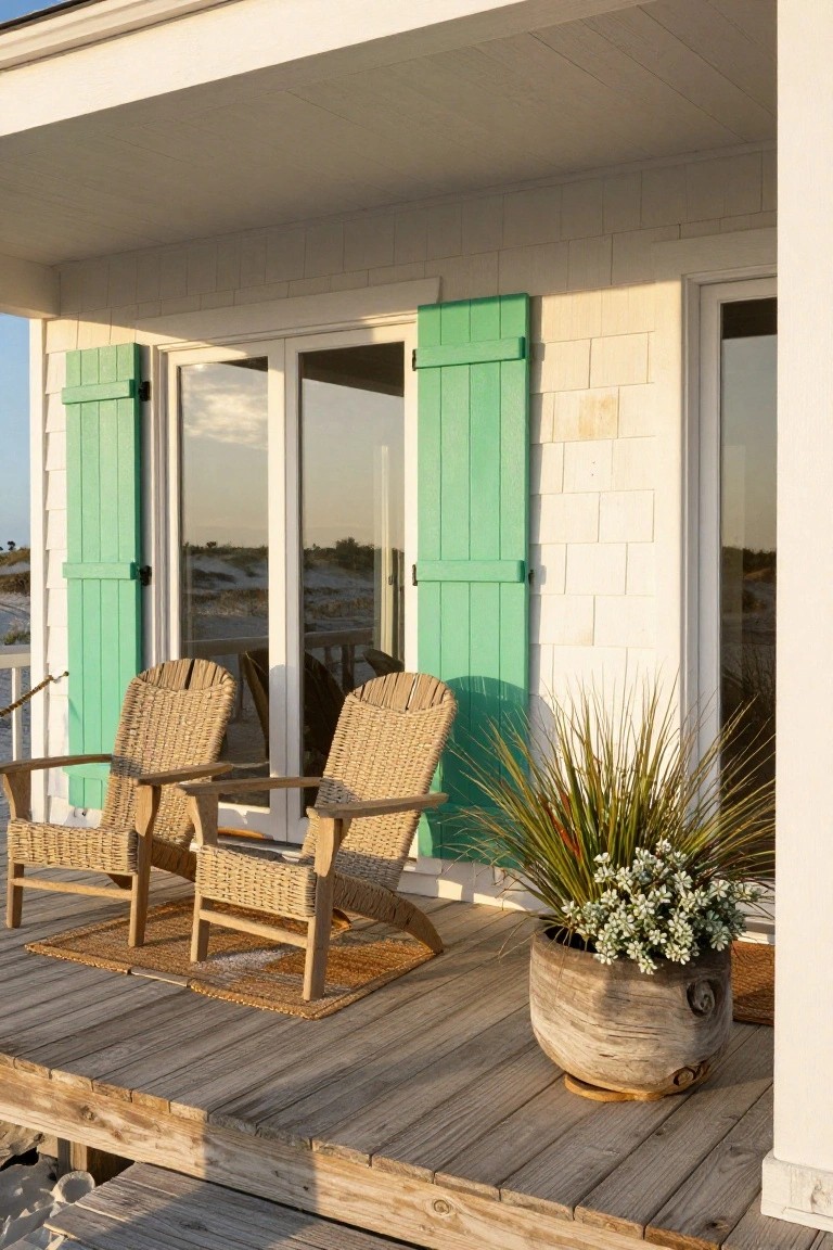 Two rattan armchairs on a wooden deck porch beside a white shingled house with green shutters, glass doors, a potted plant, and seagrass rug, overlooking beach dunes.