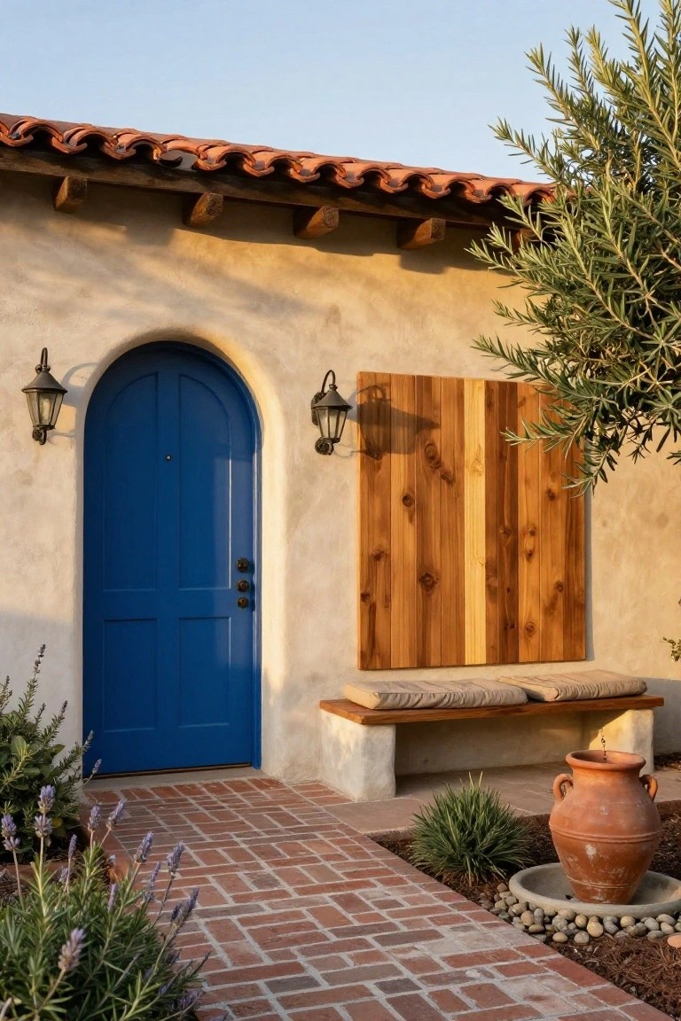 Stucco house exterior with arched turquoise door, black lanterns on either side, vertical light wood plank panels mounted on wall, built-in wooden bench, brick pathway, lavender plants, olive tree, and terracotta fountain.