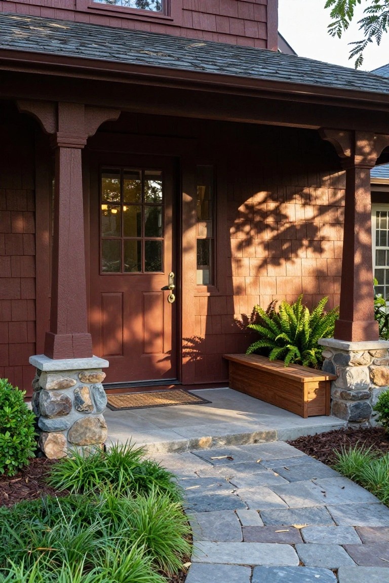 Reddish-brown wood shingle siding on a house exterior with a covered front porch, divided-light wooden door, tapered columns on stone bases, wooden bench planter holding ferns, boxwoods, grasses, and a flagstone walkway.