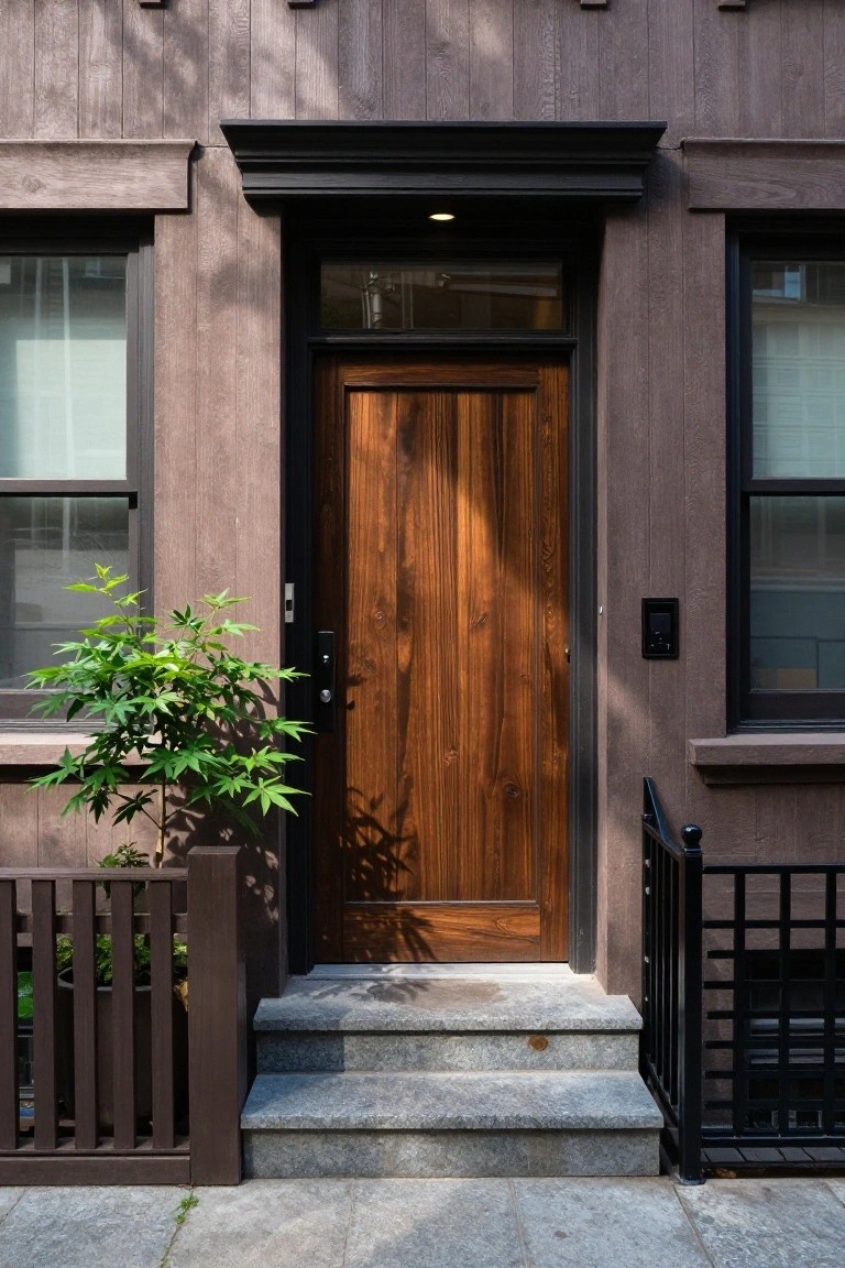 House exterior showing horizontal light brown wood siding, dark brown paneled wood front door with glass transom, adjacent windows with blinds, small potted tree with multiple leaves, brown wood planter box, black metal railing, and gray stone steps.