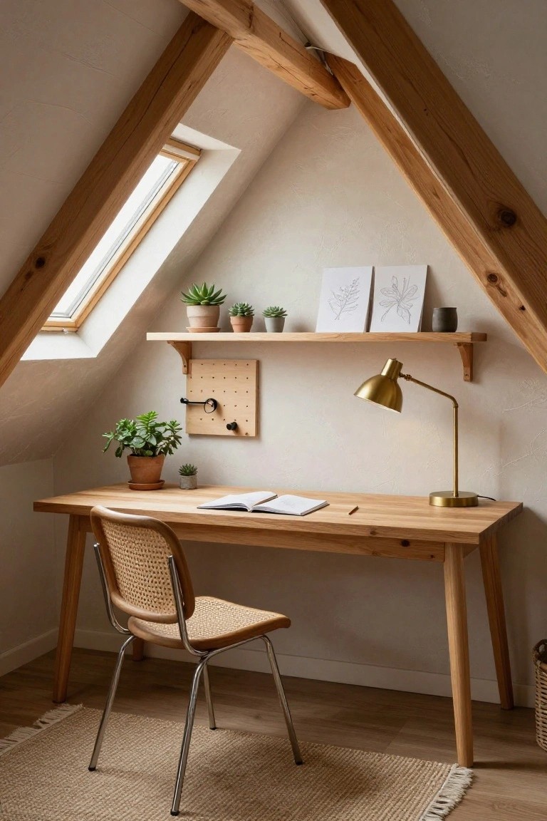 Attic workspace with wooden desk and rattan chair under sloped ceiling with exposed wooden beams, skylight, potted plants on shelves and desk, pegboard, and brass desk lamp on beige walls and wood floor.