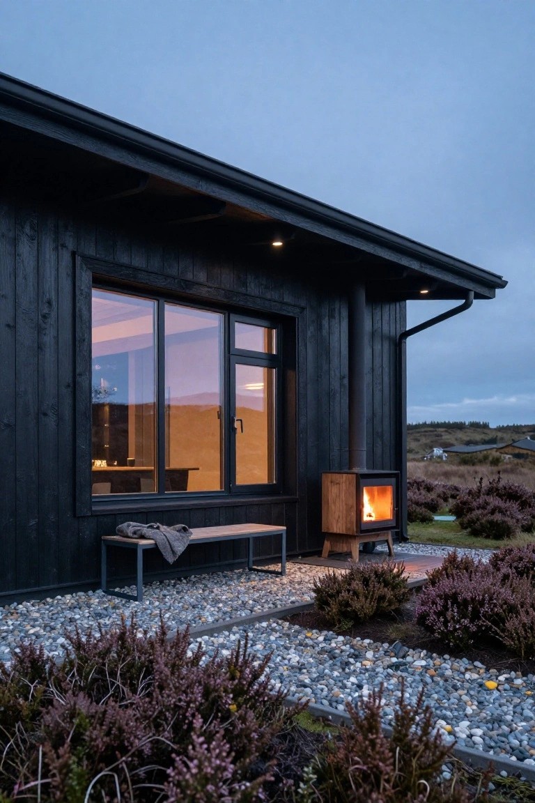 Black wooden cabin exterior with large floor-to-ceiling windows revealing warm interior lighting, an outdoor wood-burning stove, metal bench, and surrounding gravel paths edged with purple heather plants under a twilight sky.