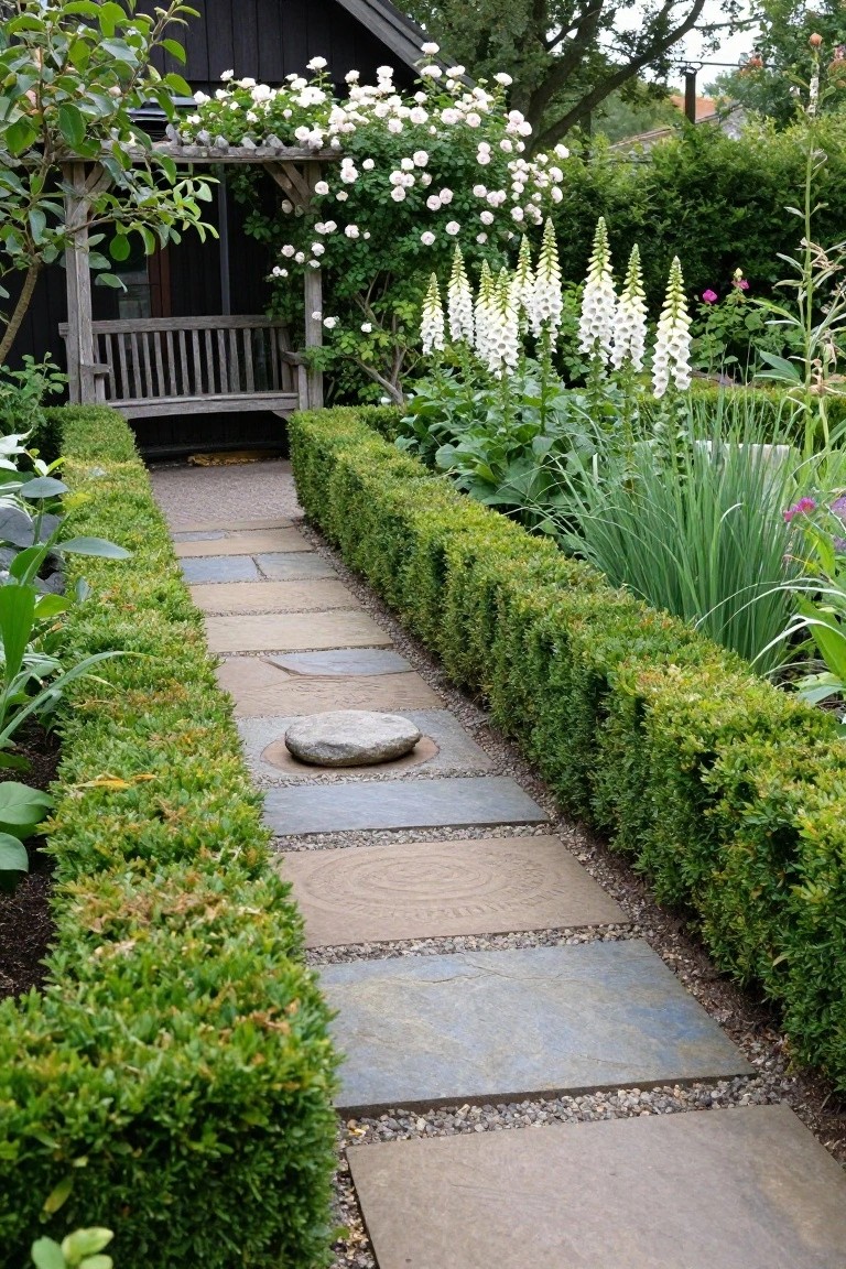Stone pathway with square slabs and gravel edges lined by low boxwood hedges leading to a wooden pergola structure with a bench inside, surrounded by white foxglove flowers and climbing roses.