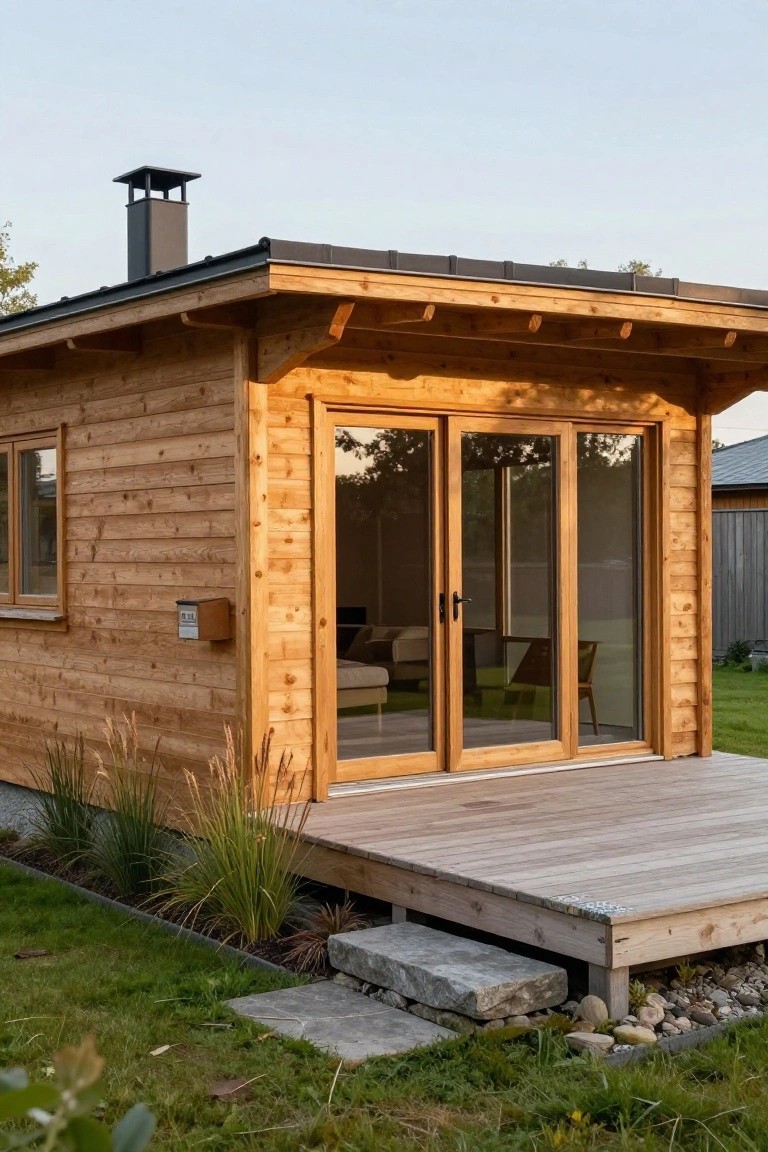 Small wooden cabin with golden vertical siding, dark metal roof and square chimney, large triple sliding glass doors with wooden frames opening onto a raised wooden deck, stone steps leading down to lawn and ornamental grasses.