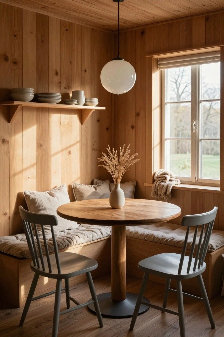 A cozy interior corner with light wood paneling on walls and ceiling, featuring a round wooden table with a white vase of wheat stalks, built-in cushioned bench seating on two sides, two gray chairs, shelves with ceramic dishes, a hanging white globe light, and a window showing a view of fields and trees.