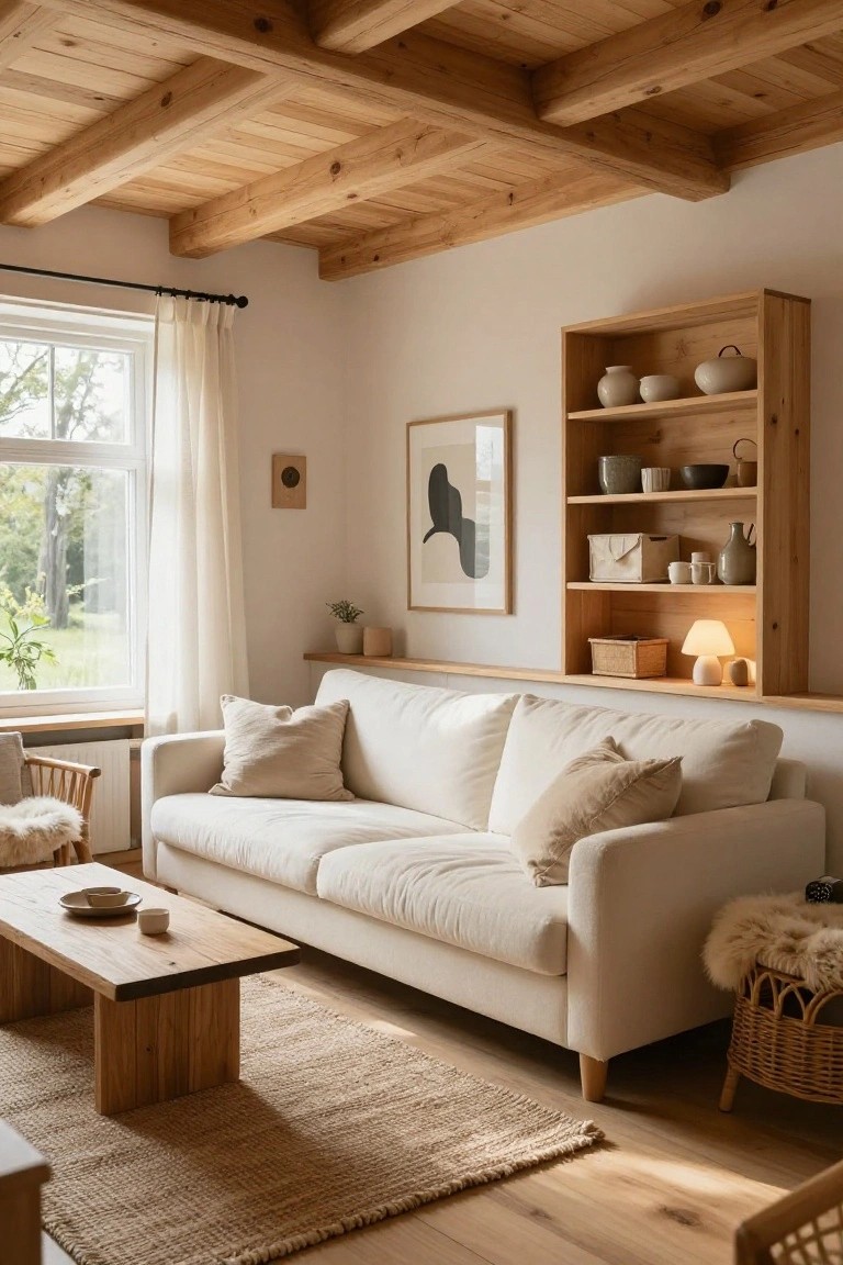 A light-filled living room with exposed wooden ceiling beams, wooden built-in shelves filled with ceramics, a cream-colored sofa, wooden coffee table, and a window with sheer curtains overlooking greenery.