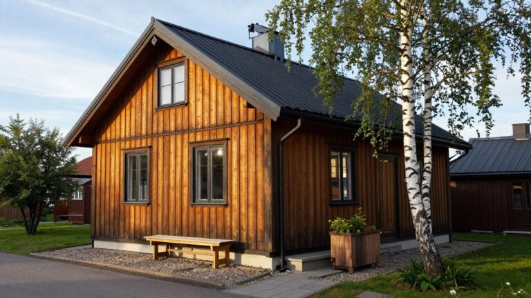 Wooden cabin exterior with vertical golden wood cladding, black-framed windows, dark metal gabled roof, tall birch tree trunk against the wall, two wooden benches, gravel base, and adjacent red house.