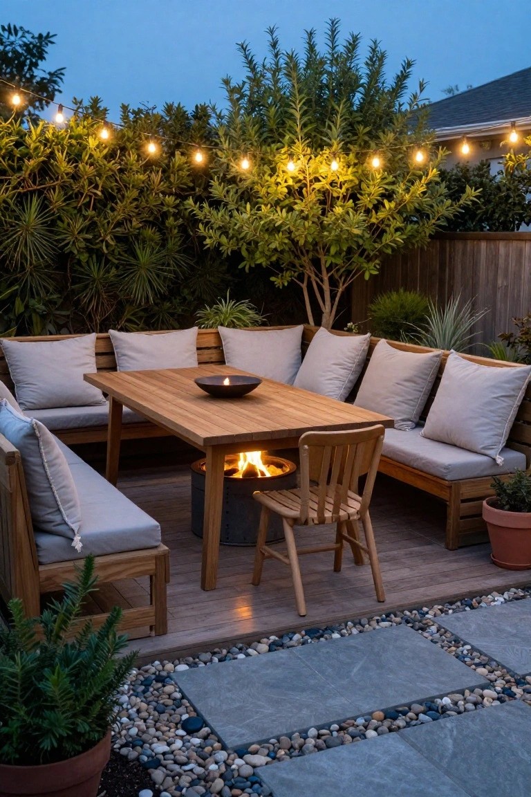 Wooden dining table with integrated metal fire pit in the center, L-shaped built-in benches with beige cushions, wooden chairs, potted plants, string lights overhead, and pebble paths on a deck surrounded by greenery at dusk.