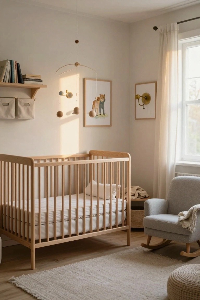 A beige nursery room with a blonde wooden crib, gray rocking chair, wall shelves holding books and baskets, wooden mobile overhead, art prints on walls, and soft natural light from a curtained window.