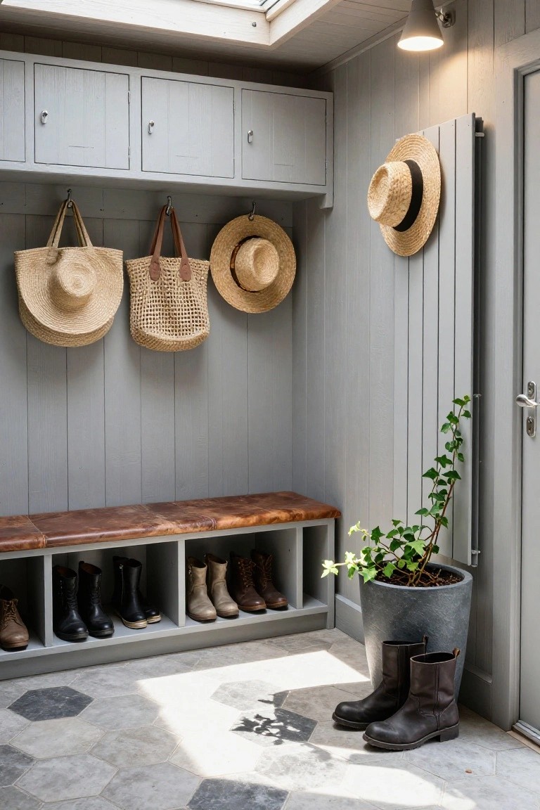 Gray shiplap-walled mudroom with upper cabinets, hooks holding straw hats and woven bags, wooden bench with brown leather seat and open cubbies storing various boots and shoes, potted ivy plant, and two pairs of tall boots on the hexagonal tiled floor.