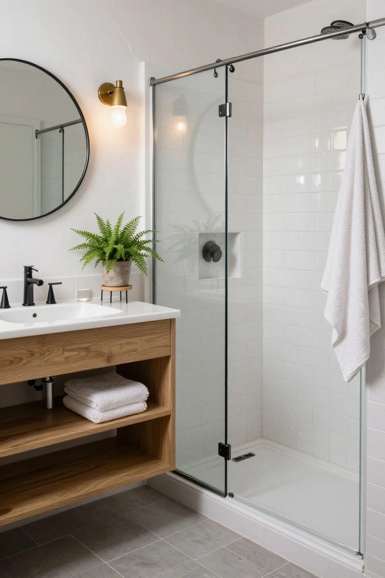 Bright bathroom interior with floating light wood vanity, white sink and black faucet, round black mirror, potted fern plant, glass shower enclosure, and white subway tile walls.